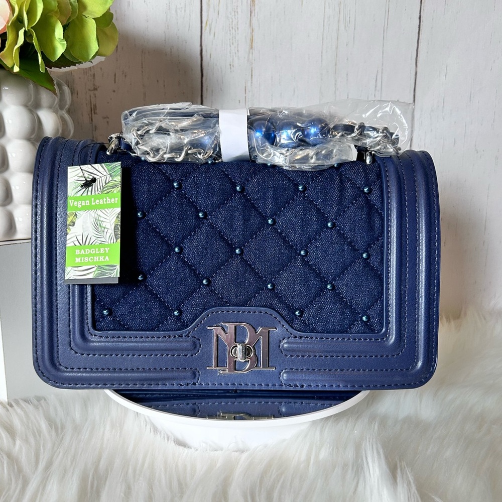Badgley Mischka Denin Quilted Crossbody with Silver Hardware